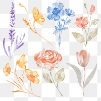 Flower sticker png, watercolor design on transparent background set