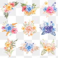 Flower bouquet png clipart, watercolor illustration, transparent background set