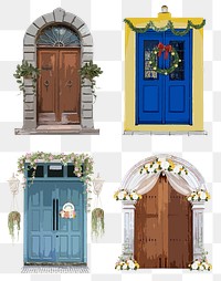 Festive decorated doors png clipart, home exterior illustration set on transparent background