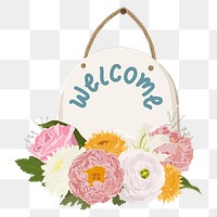 PNG hanging welcome sign clipart, colorful flower decoration, transparent background