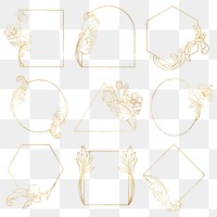 Gold flower png frame, aesthetic vintage floral design on transparent background set