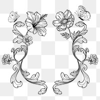 Flower frame png, aesthetic black line art, transparent background