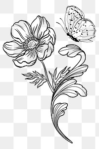 Flower png clipart, aesthetic black line art, transparent background