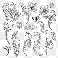 Flower png sticker, ornamental floral illustration on transparent background set