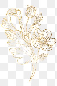 Gold flower png clipart, ornamental floral line art on transparent background