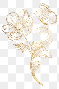 Gold flower png clipart, ornamental floral line art on transparent background