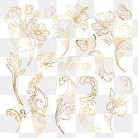 Gold flower png sticker, ornamental floral illustration on transparent background set