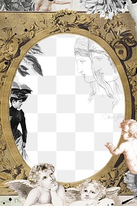 Vintage gold frame png, aesthetic cupid Ephemera style scrapbook collage sticker and cut out on transparent background