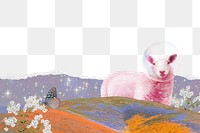 Png surreal landscape collage sticker, sheep design, transparent background