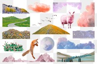 Nature png stickers set, landscape design on transparent background