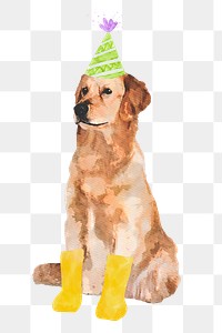 Golden retriever dog png illustration on transparent background in watercolor with party hat