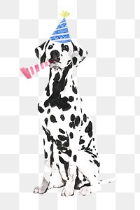 Watercolor Dalmatian dog png illustration on transparent background in watercolor with birthday party hat & party popper