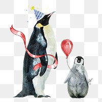 Penguins png illustration on transparent background with birthday party hat & balloon