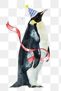 Penguin png illustration on transparent background with birthday party hat & ribbon