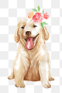 Golden retriever puppy png illustration on transparent background in watercolor with flower headpiece