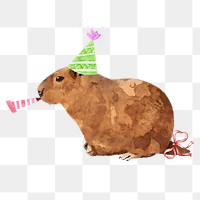 Birthday Capybara png sticker, watercolor illustration, transparent background