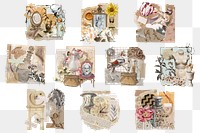 Vintage aesthetic ephemera png collage, mixed media scrapbook artwork vector set