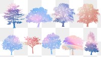 Png aesthetic holographic tree stickers set on transparent background