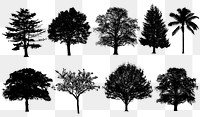 Silhouette tree png stickers set on transparent background