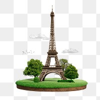 Eiffel Tower png, floating island remixed media, fantasy art, transparent background