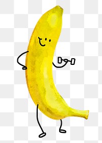 Smiling banana cartoon png clipart, fruit drawing lifting dumbbell on transparent background