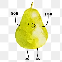 Cute smiling pear png clipart, fruit lifting dumbbells drawing on transparent background