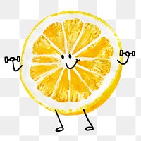 Smiling lemon cartoon png clipart, weightlifting fruit drawing on transparent background