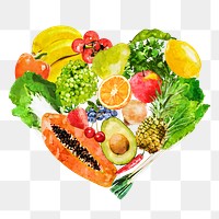 Heart fruit and vegetable png clipart, various plant-based superfood drawings on transparent background