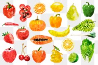 Fruit and vegetable png clipart, various plant-based superfood drawings collection on transparent background