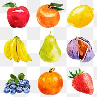 Aesthetic fruits png sticker, watercolor food set on transparent background