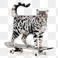 Cat skateboarding png sticker, watercolor illustration, transparent background