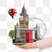 United Kingdom's png famous attractions presented by woman's hand, travel agency remixed media, transparent background