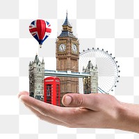 United Kingdom's png famous attractions presented by woman's hand, travel agency remixed media, transparent background