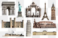 Historical tourist png attractions clipart, architecture set on transparent background