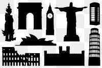 Tourist attractions png, historical architecture silhouette sticker set on transparent background