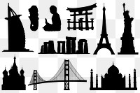 Famous historical png landmarks silhouette sticker set on transparent background