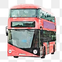 Double decker png tour bus watercolor illustration, London's famous public transportation, transparent background