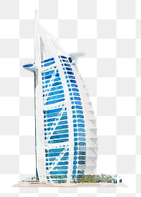 Burj Al Arab png, Dubai hotel building, watercolor illustration, transparent background