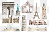 World's historical landmarks png watercolor illustration set on transparent background