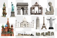 World's famous landmarks png sticker, architecture vectorize illustration set transparent background