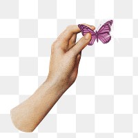 Hand png holding butterfly clipart, aesthetic surreal collage element on transparent background