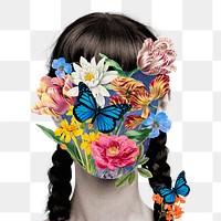 Flower woman portrait png collage art, surreal escapism, transparent background