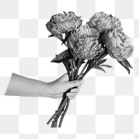 Hand holding peony png bouquet, flower collage element in black and white, transparent background