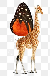 Butterfly winged giraffe png sticker, surreal art with glitter on transparent background