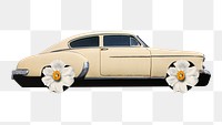Classic car png clipart, surreal flower tires, vehicle remix on transparent background
