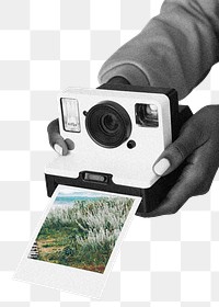 Png hands holding instant camera, retro collage element, transparent background