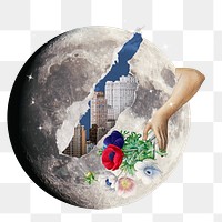 Moon collage png clipart, surreal city remixed media on transparent background