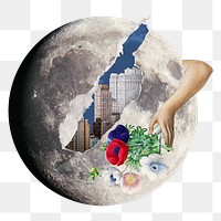 Moon collage png clipart, surreal city remixed media on transparent background