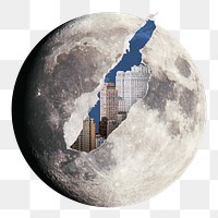 Moon png clipart, surreal city remixed media on transparent background
