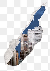 Torn paper png sticker, city buildings remixed media on transparent background